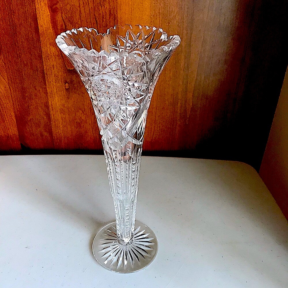 Antique American Brilliant Period (1876 - 1914)Cut Glass Trumpet Vase 12”